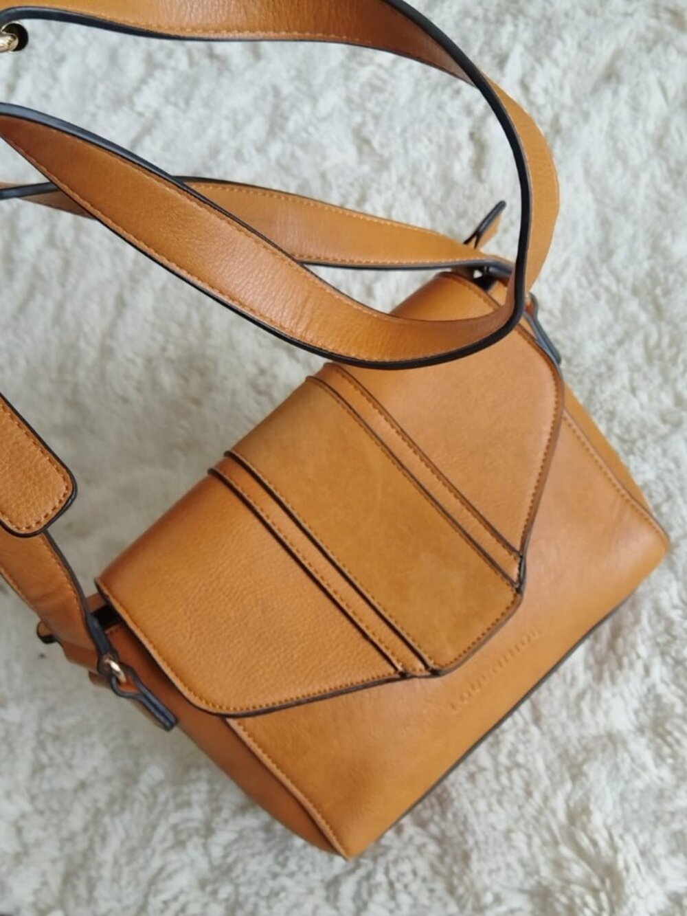 Louenhide Tan Vegan Leather Flap Crossbody Bag Striped Lining